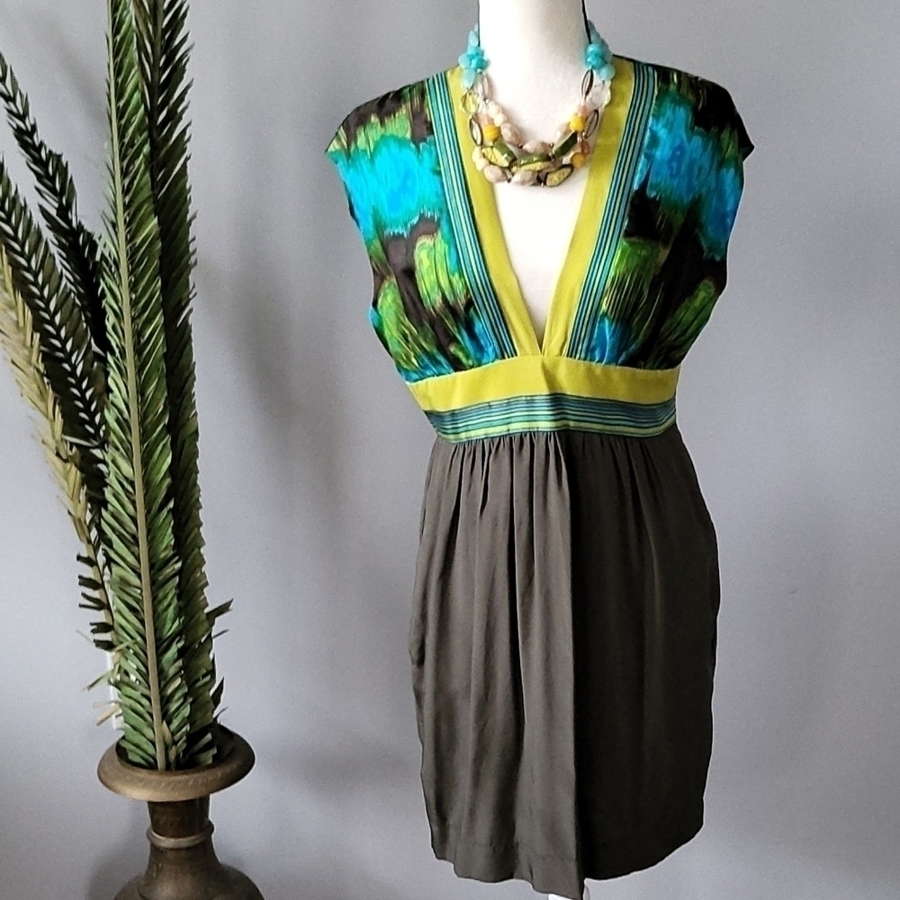 Hype Turquoise, Mustard, and Olive Green Deep V-neck 100% Silk Dress NWT